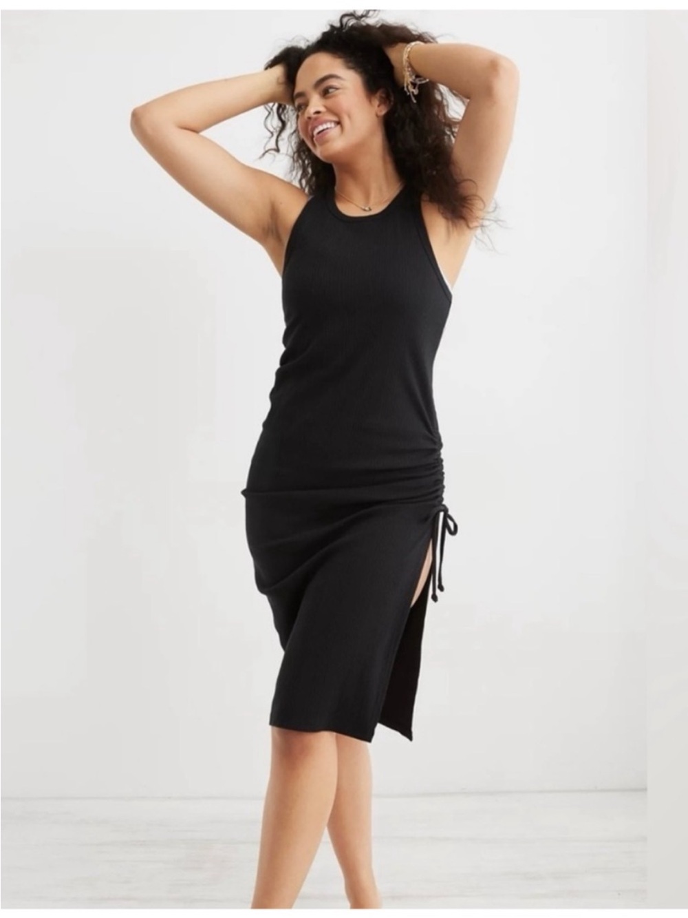 Aerie Black Ribbed Sleeveless Side-Tie Midi Dress